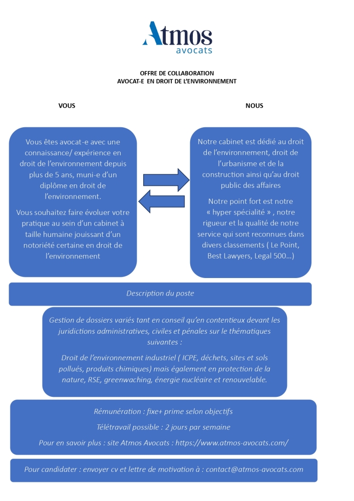 Nous recrutons : avocat(e) collaborateur(trice) en droit d'environnement